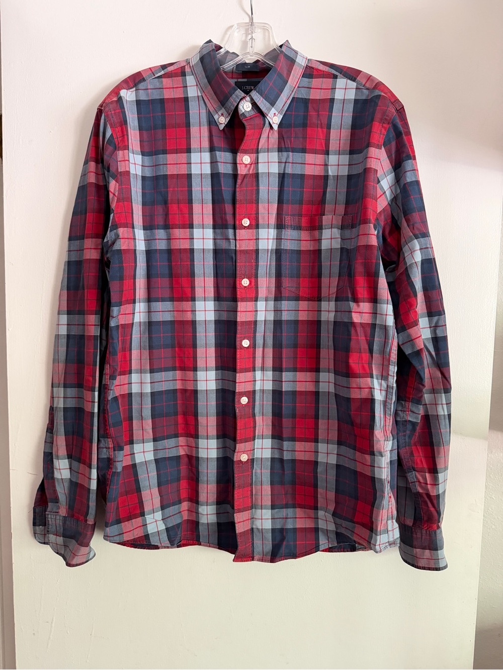 J.Crew Slim Fit Plaid Button Down Shirt Men’s Large Red Blue Long Sleeve Cotton